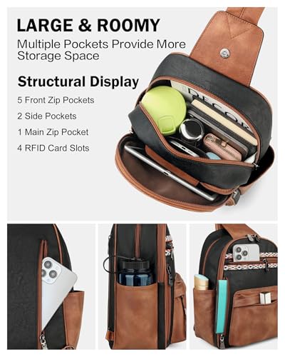 Large Sling Bag for Women, Designer 10L Leather Crossbody Purse | Anti Theft Sling Backpack, RFID Fanny Packs for Travel, Ideal for Vacation Walking Daily Errands - color: Retro Black With Brown