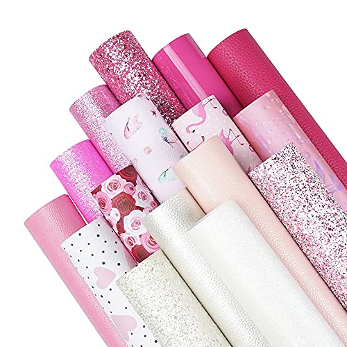16 Pieces 8x6 Inch New Contrast Colors White Pink Rose Red Series Faux Leather Fabric Sheets Include Litchi Fine Chunky Glitter Patent Butterfly Flamingo Love Heart for Leather Earring Bows Making - color: White Pink Rose Red Series