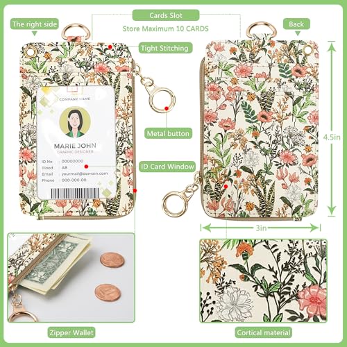Bolimoss Aesthetic Lanyard with ID Holder for Women & Nurses - Floral ID Badge Holder with Neck Lanyard & 4 Card Slots, Side Zipper Pocket - color: Blooming Flowers