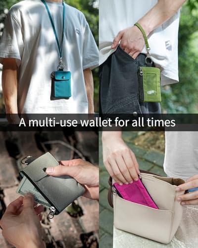 Artpaxy Minimalist Wallet For Mens Womens, Keychain RFID Blocking Zipper Small Wallet with ID Window 2 Lanyards,Water Resistant Travel Cash Card Coin Case Boys Girls - color: Dark green
