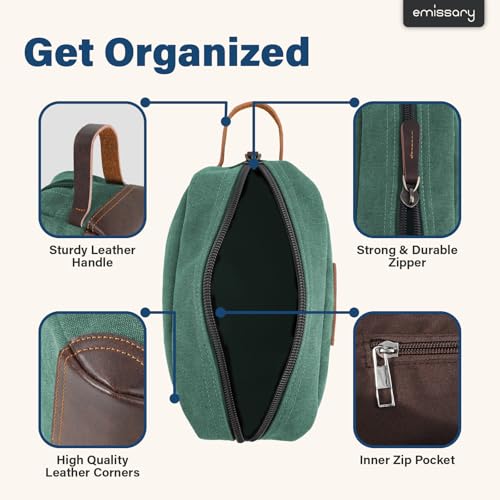 emissary Men's Toiletry Bag, Leather and Canvas Travel Toiletry Bag, Dopp Kit for Men, Travel Bathroom Bag Men's Shaving Kit, Travel Kit Small Bags for Men, Shaving Bag for Travel Accessories (Green) | Durable canvas & PU leather, water-resistant lining,