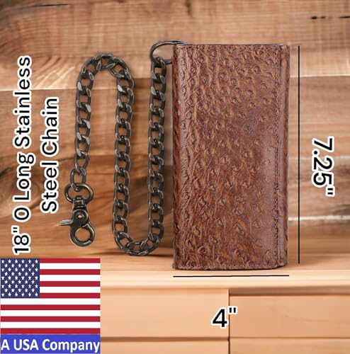 F&L CLASSIC RFID Blocking Mens Tri-fold Long Style buffalo crazy horse Leather Steel Chain Wallet,ostrich print brown,212-51 - color: ostrich print brown
