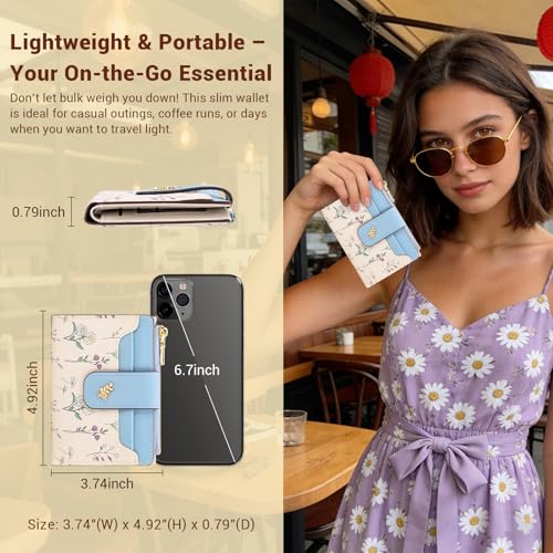 YINHEXI Women’s Wallet, Compact and Small Bifold PU Leather Card Holder, Mini Purse with Coin Pocket for Ladies, Girls (Floral Blue) - color: Floral Blue