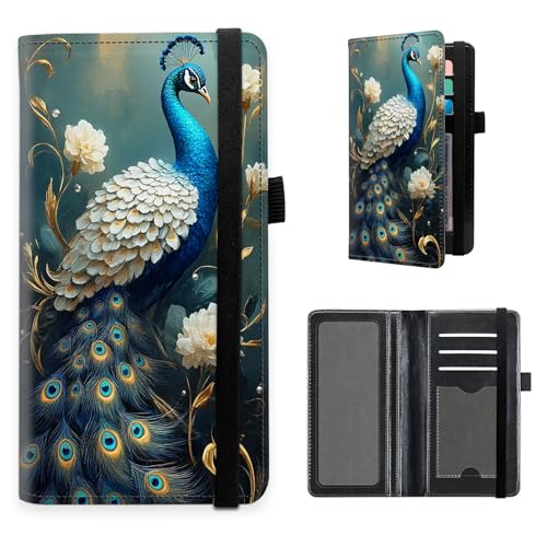 Checkbook Cover for Women and Men, RFID Blocking PU Leather Checkbook Holder Wallet Case with Elastic Strap & Multiple Card Slots, for Checks and Cards, Hummingbird Among Blooms - color: Peacock with Golden Vines