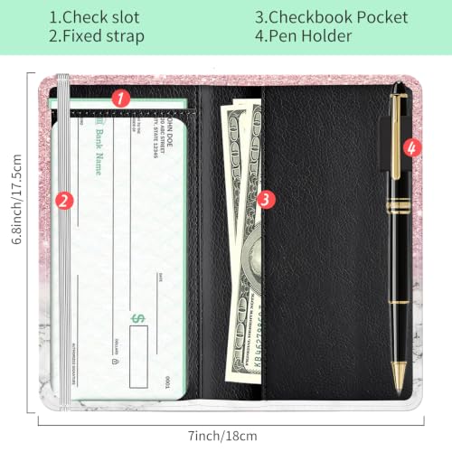Checkbook Cover for Personal Checkbook, Cute Pu Leather Check Book for Women & Men, Slim Checkbook Holder with Pen Holder and Built-in Clear Plastic Divider, Pink Marble - color: Pink Marble