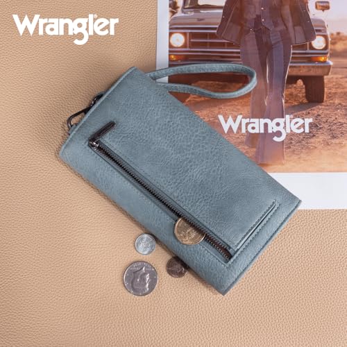 Montana West X Wrangler Womens Wallet Large Capacity Long Compact | Card Cases & Money Organizers for Ladies Female Zipper Wallet Wristlet with Coin Purse and Wrist Strap - color: Trifold-Jean