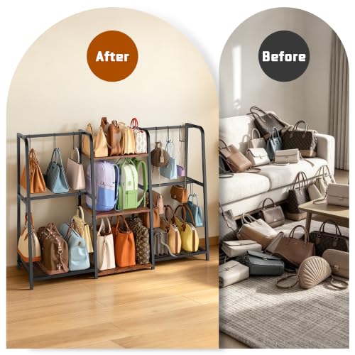 3-Tier Purse Organizer, Heavy-Duty Wood and Metal Bag Storage Rack with 10 Side Hooks for Large Totes & Long Shoulder Bags, Anti-Wobble Free-Standing Handbag Display Stand