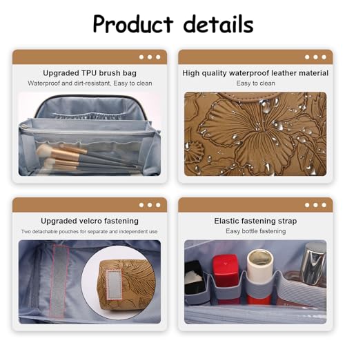 BOYATU Travel Makeup Bags Cosmetic Organizer Bag: 3-Set Make up Bag | Large Capacity PU Leather Toiletry Bags for Women - Wide Open Portable Pouch with Divider & Handle(01Brown) - color: 01-Z-Brown