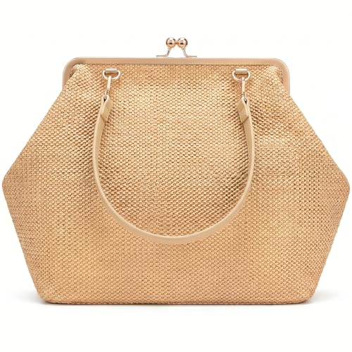 Kiss Lock Frame Handbag, PU Leather Shoulder Tote Bag Messenger Hobo Clutch Purse for Women Formal Work Leisure - color: Straw Apricot