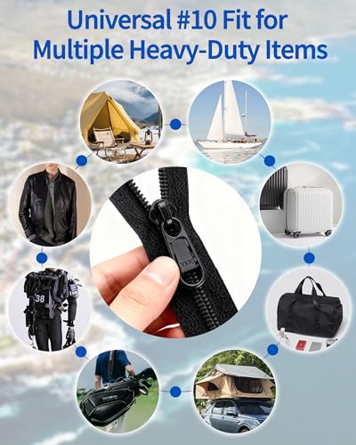 Zipper Repair Kit for YKK #10 Heavy Duty Nylon Zipper Chain 5 Yards | 8 Pull-Tab Sliders (4 Long Pull & 4 Double Pull), Stops, For Outdoor Gear Repair, DIY, Boat Covers, Camping Gear - color: 10#-9 Pcs