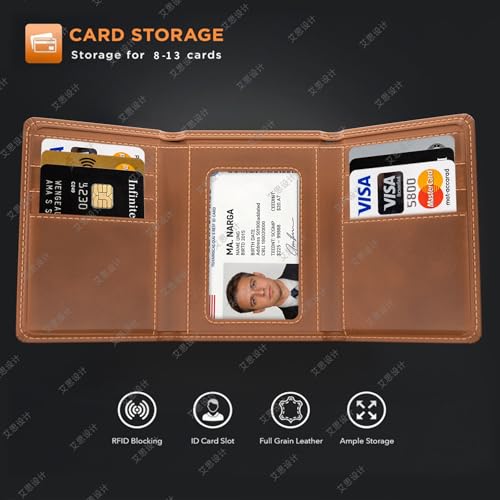 Trifold wallets for Men, RFID Blocking Trifold Wallets, Mens Genuine Leather Trifold Wallets, 8 Card Slots and ID Window, Slim Durable and Easy to Carry - color: Vintage Brown