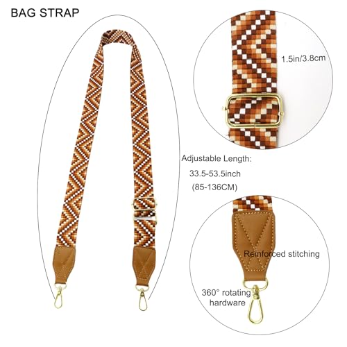 Adjustable Purse Strap with Brown Leather End - 1.5" Wide Handbags, Camera, Guitar, Phone & Crossbody Bag Replacement Shoulder Straps(Gold Hardware) - color: Brown Strap-Gold hook-T501
