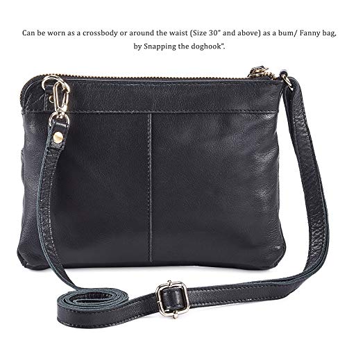 Small Leather Crossbody Bag for Women Adjustable Sling Purse Multi Pocket | Genuine Top Grain Leather, 4 Zip Pockets, Cross Over for Travel, Gift for Women, Phone Pocket - color: Black Nappa