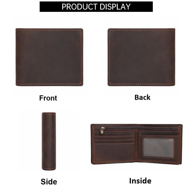 Men's RFID Blocking Wallet Cowboy Genuine Natural Crazy Horse Leather Bifold Wallet for Men With Zipper (Dark Brown) - color: Dark Brown