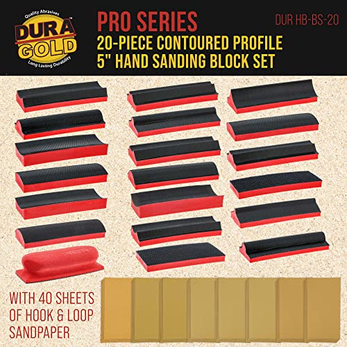Dura-Gold 20-Piece Contoured Profile 5" Hand Sanding Block Set with 40 Sheet Hook & Loop Sandpaper Kit - Interchangeable Assorted Convex & Concave Shapes - Sand Wood Woodworking Furniture, Auto Paint - size: 20-Piece
