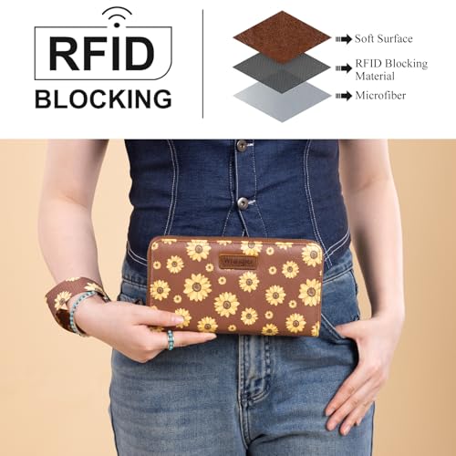 Wrangler Brown Daisy Wallets for Women Large Capacity Wristlet Wallets, Card Cases & Money Organizers Ladies Female Clutch Credit Card Phone Wallet with Smooth Zipper and ID Window - color: Daisy-Brown