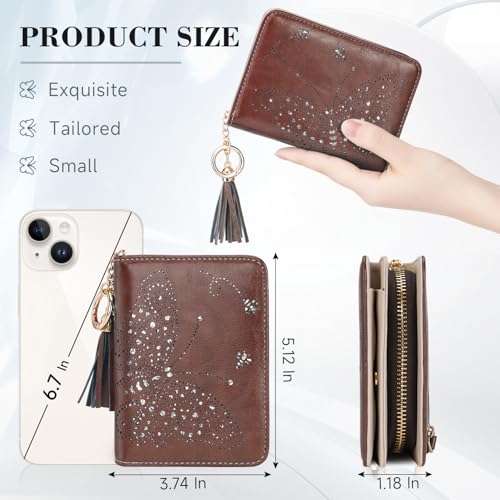 KITEVIUN Women RFID Blocking Small Bifold Wallet, Compact Cash Clutch with Zipper Coin Pocket, Glittery Butterfly Design, Credit Card Holder, Travel Purse with Tassel COFFEE - color: 04-COFFEE