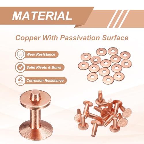 HARFINGTON 15Set Copper Rivets and Burrs Washers 10x3.3x12mm Dimpled Finish Solid Leather Rivet Fastener Studs Posts for Leather DIY Craft Belts Wallets Collars, Copper Tone - color: Copper Tone, size: 10x3.3x12mm