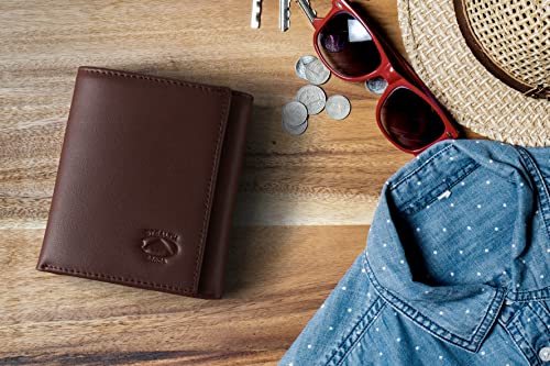 Stealth Mode Trifold Wallet for Men RFID Blocking – Genuine Napa Leather Extra Capacity Mens Wallet, 11 Card Slots, 3 ID Windows, Flip Out ID Holder, Large Tri Fold Leather Wallet for Men - Gift Ready - color: Brown