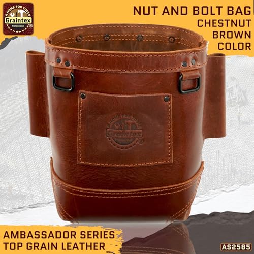 Graintex Nut & Bolt Bag Ambassador Series, Top Grain Leather, Tool Bag, Tool Belt for Ironworker Tools, Durable and Versatile Nut & Bolt Organizer for Professional Use - color: Chestnut Brown