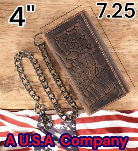 F&L CLASSIC RFID Blocking Mens Tri-fold Long Style Cowhide Leather Steel Chain Wallet,brown eagle/flag,212-101 - color: brown with eagle/flag