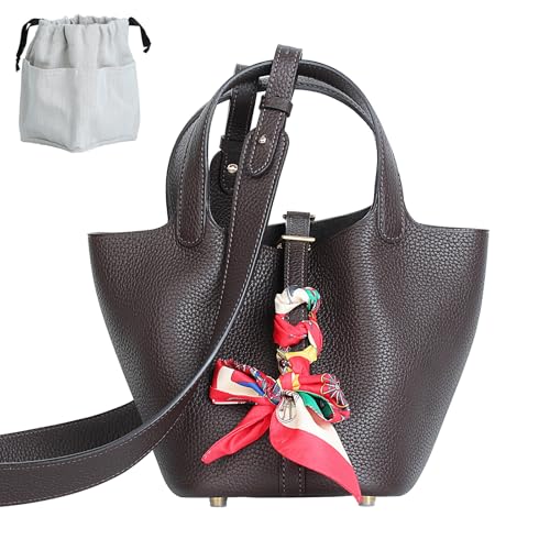 Genuine Leather Bucket Bag with Shoulder Strap, Organizer Insert & Silk Scarf for Women Handbag Tote Bag - color: Saddle Red-gold