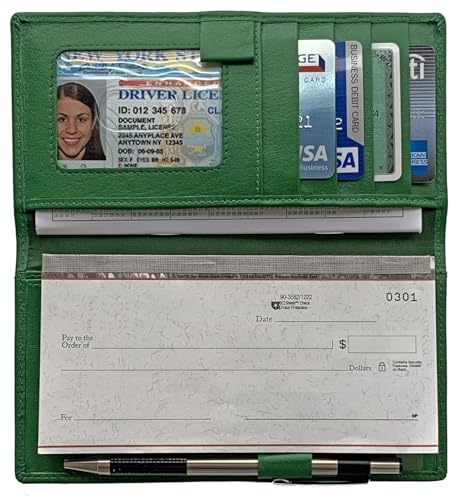 RFID Leather Checkbook Cover With Credit Card Slots and Pen Holder - color: Emerald Green