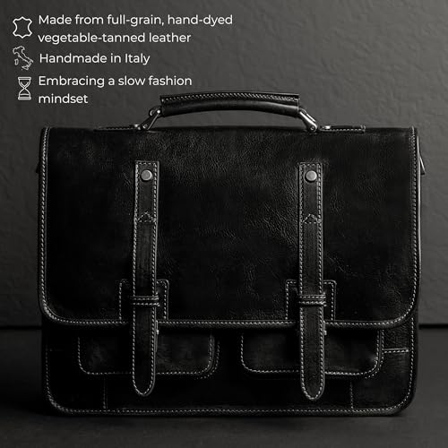 Time Resistance Leather Briefcase – Italian Handmade Leather Laptop Bag – Briefcase Convertible into Backpack - color: Black