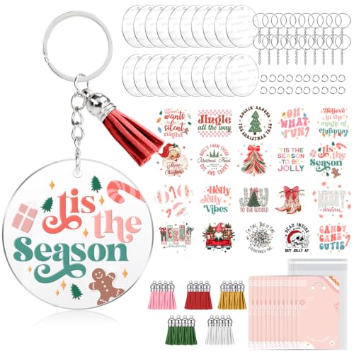 YOPPIX 140 PCS Acrylic Keychain Blank Set, Christmas Double-Sided UV DTF Stickers Acrylic Keychain Making Kits for Vinyl DIY Craft Project Christmas Tree Ornament - color: Christmas