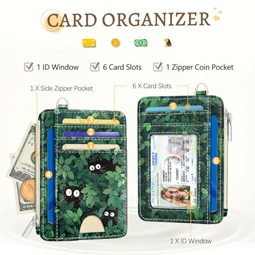 Kelvoris Credit Card Holder Small Wallet Women, Slim RFID, Black Cat Leave | Keychain, Zipper Coin Pocket, Front Pocket Thin Travel Card Case, Minimalist, 6 Card Slots, 1 ID Window, Ladies Gifts Woman - color: Cat