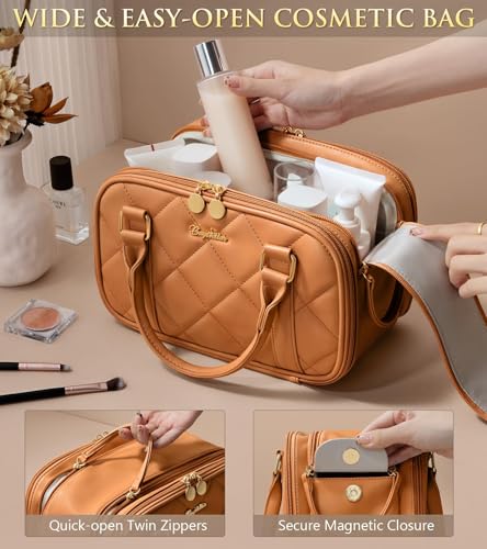 Bagstellar Travel Makeup Bag, Large Capacity Quilted Toiletry Bag for Women Stand-up Cosmetic Bag Open Flat Make Up Case Organizer Portable Pouch Purse w/Handle for Traveling Accessories, Brown - color: Brown