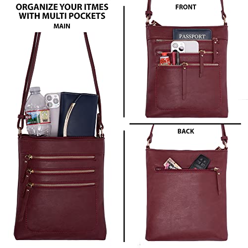 Solene Crossbody Bag Functional Multi Pocket Messenger Purse Top Zip Closure Shoulder Handbag With Adjustable Strap - color: Burgundy