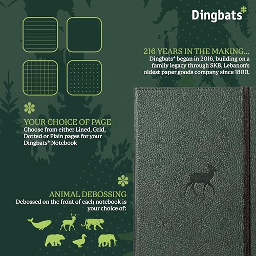 Dingbats* Wildlife Plain Writing Journal Notebook A5 - Vegan Leather Hardcover - Ideal for Work, Travel - Pocket, Elastic Closure, & Bookmark - color: Green Deer, style: Minimalist