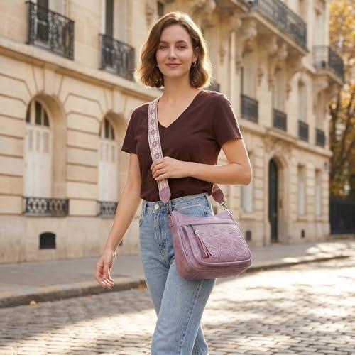 Crossbody Bags for Women, Medium Vegan Leather Purses | Large Capacity Multi-Pocket Embossed Shoulder Bag with Boho Strap for Daily Travel - color: Purple