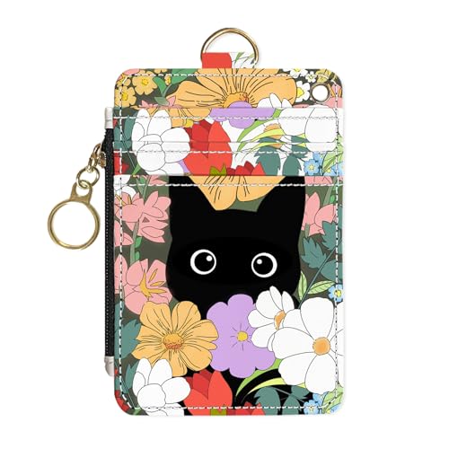 Slim Wallet Credit Card Holder, Flower Bushes And Cats, RFID Wallet Women Cute Small Front Pocket Wallet With Zipper, PU Leather Thin travel RFID Blocking Card Case ID Window ,Ladies Gifts - color: Flower Bushes And Cats