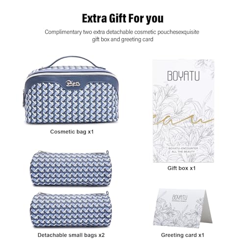 BOYATU Travel Makeup Bag Cosmetic Bags for Women: 3 Pcs Set Make up Bag | Large Capacity Waterproof Vegan Leather Organizer Bags with Compartments - Lay flat Toiletry with Handle (M-77Blue) - color: M-77Blue