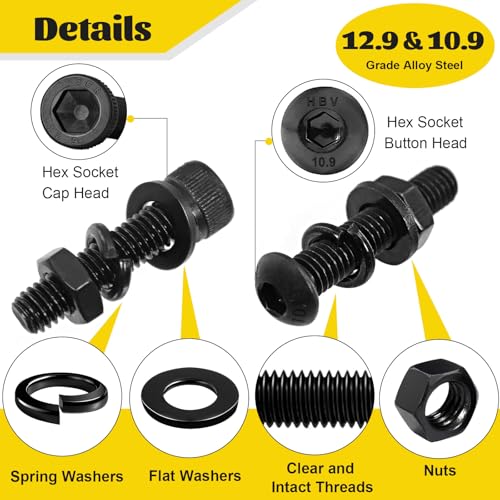 1500PCS M4 Hex Socket Cap Head & Button Head Screws and Nuts Kit | M4-0.7*4/6/8/12/16/20/25/30/35 mm Bolts,Nuts and Washers Assortment Kit, 12.9 & 10.9 Grade Black Zinc Plated for 3D Printer - size: M4 1500pcs