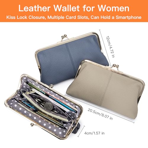 Genuine Leather Long Kiss Lock Wallet for Women – RFID Blocking Handheld Clutch Purse with 8 Card Slots, Money Clip, Zipper Coin Pocket for Travel, Work, Everyday Use – Gift for Her (Pink) - color: Pink