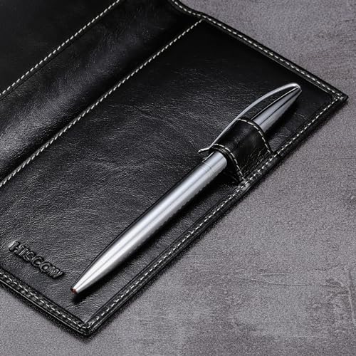 HISCOW Leather Checkbook Cover for Duplicate Checks with Pen Holder - color: Antiqued Black