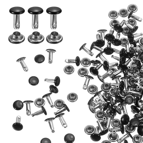 HARFINGTON 100 Sets Double Cap Leather Rivets, 6x8mm Round Cap Tubular Metal Studs Leather Crafting Rivets for Fabric Belt Pet Collar Boot Bag Repair and Decoration, Black - color: Black, size: 6x8mm