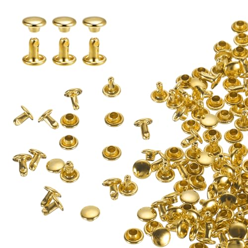 HARFINGTON 100 Sets Double Cap Leather Rivets, 6x6mm Round Cap Tubular Metal Studs Leather Crafting Rivets for Fabric Belt Pet Collar Boot Bag Repair and Decoration, Gold - color: Gold, size: 6x6mm