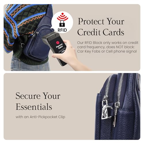 befen Genuine Leather Sling Bag for Women Anti-Theft Crossbody Chest Bags Fanny Packs for Travel with RFID Card Slots | Real Leather, Anti Theft, RFID Blocking, 3 Card Slots, Anti Pocket Bag, Multi Pockets, Travel Purse - color: Navy Blue