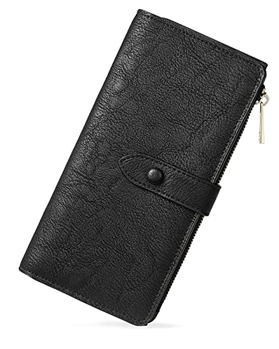 BOSTANTEN Womens Leather Wallet RFID Large Capacity Credit Card Holder | 4 ID Windows, 16 Card Slots, Zipper Coin Pocket, Clutch Wallet, Long Bifold, Ladies Gifts, Grey Black - color: B-Black-oil wax
