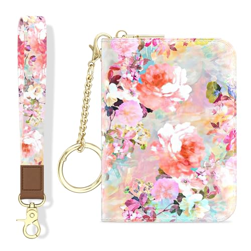 Credit Card Holder, Small RFID Wallet Slim Leather Card Organizer Case - color: B-Watercolor Flowers, size: Wrist Strap