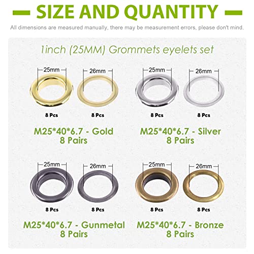 Keadic 32 Sets 25mm 1" Thickened Grommets Eyelets Assortment Kit, Bronze Silver Gold Gun Black Metal Eyelet Grommet for DIY Leather Clothing Shoe Bags Crafts - color: Bronze Gun-black Gold Silver Assorted Set, size: 1"(25mm)