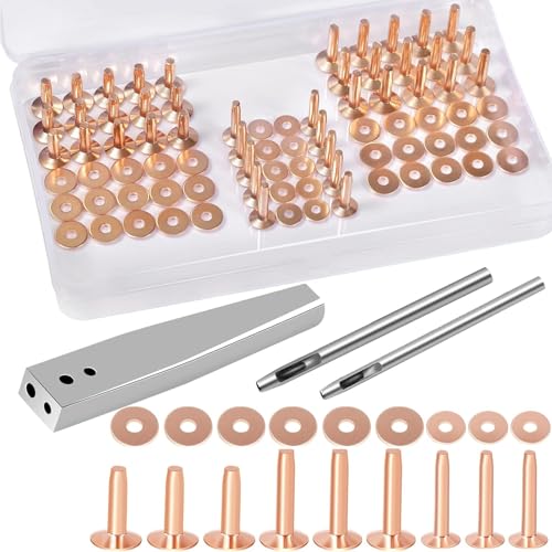 JUNESunShine 84Pc Copper Rivets and Burrs, Leather Fastener w/Setting Tool | 4mm Shank Sturdy Copper Rivets with #9 & #12 Burr Setters, for Belt Wallet Collar Shoe Pouch Tack Leather Working Craft - color: A. Copper
