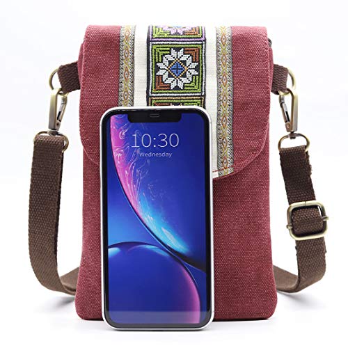 SILKAREA Vintage Embroidered Canvas Flip Small Crossbody Bag Cell Phone Pouch for Women Wristlet Wallet Bag Coin Purse - color: Wine Red