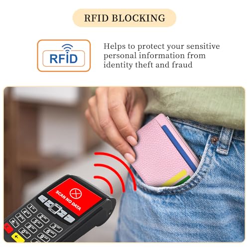 Hancynir Minimalist Slim Wallet Women Credit Card Holder, RFID Small Cute | Zipper Pocket Wallet, Thin Travel Coin Purse, Ladies Women Gifts, Key Chain Card Case, 6 Card Slots, ID Window, PU Leather - color: 01-Lichee PK Bling Wallet