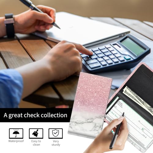 Checkbook Cover for Personal Checkbook, Cute Pu Leather Check Book for Women & Men, Slim Checkbook Holder with Pen Holder and Built-in Clear Plastic Divider, Pink Marble - color: Pink Marble