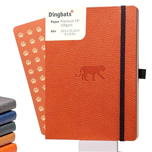 Dingbats* Wildlife Dotted Writing Journal Notebook A5 - Vegan Leather Softcover - Ideal for Work, Travel - Pocket, Elastic Closure, & Bookmark - color: Orange Tiger, style: Dotted (Softcover)